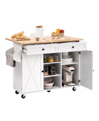 52" Kitchen Island Cart with Solid Wood Top, Storage Cabinet, Drop Leaf, Drawers, Spice Rack, Towel Rack, Swivel Wheels