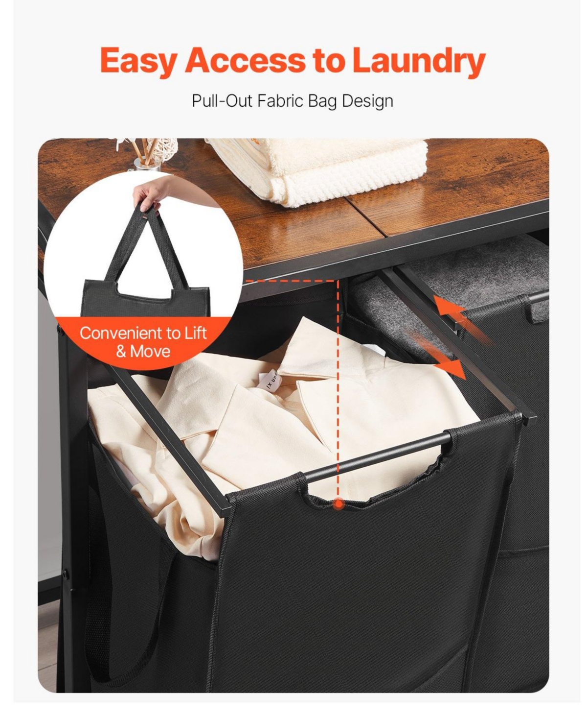 Ecooso 3-Section Laundry Sorter, Large Hamper with Wood Top, Metal Frame, Pull-Out 600D Oxford Cloth Bags, Freestanding Organizer