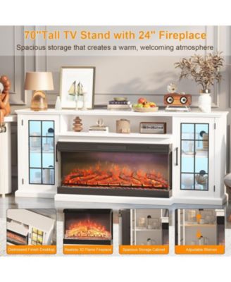 75" 3-Sided Glass Fireplace TV Stand for TVs Up to 85", 40" Electric Fireplace, Rustic Distressed Media Console with Glass Doors & Storage