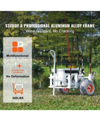 Beach Fishing Cart, 300 lbs Capacity, Aluminum Pier Wagon with Two 13" PU Balloon Tires and 8 Rod Holders