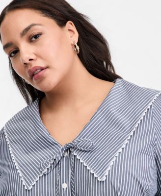Trendy Plus Size Striped Cotton Button-Front Shirt