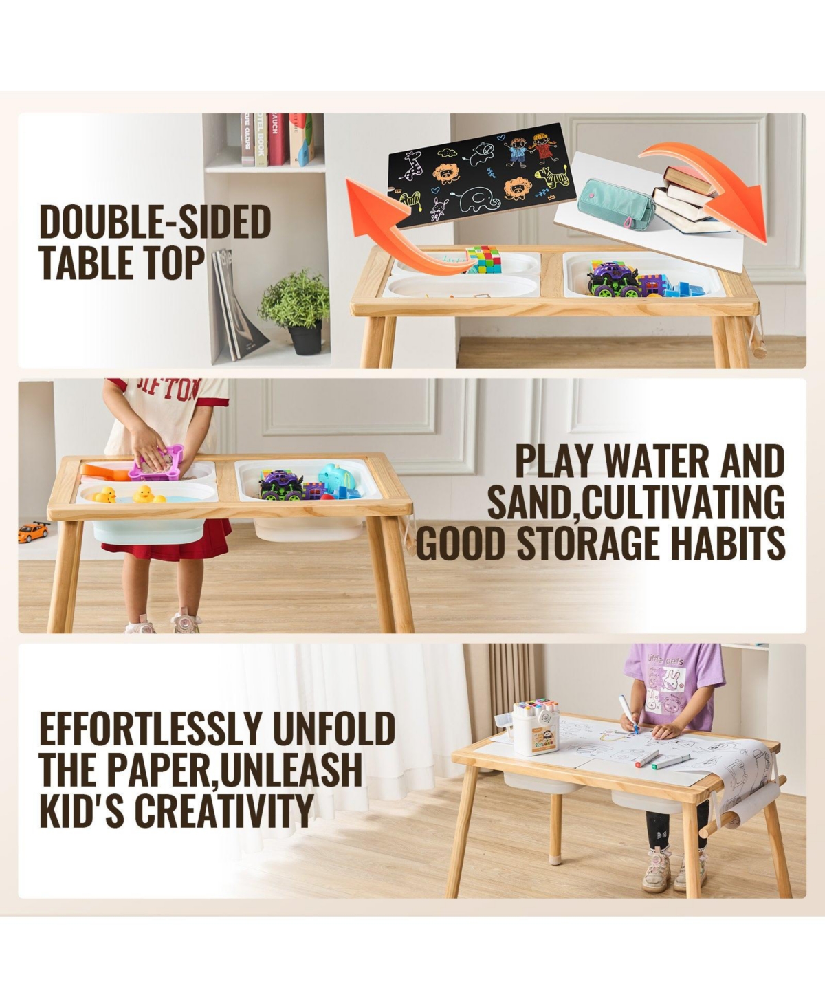 Mecale Kids Sensory Table, 3 Foldable Bins & Paper Roll Holder, Indoor/Outdoor Sand & Water Play, Wooden