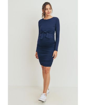 Maternity Front Tie Crew Neck Side Ruched Nursing Dress