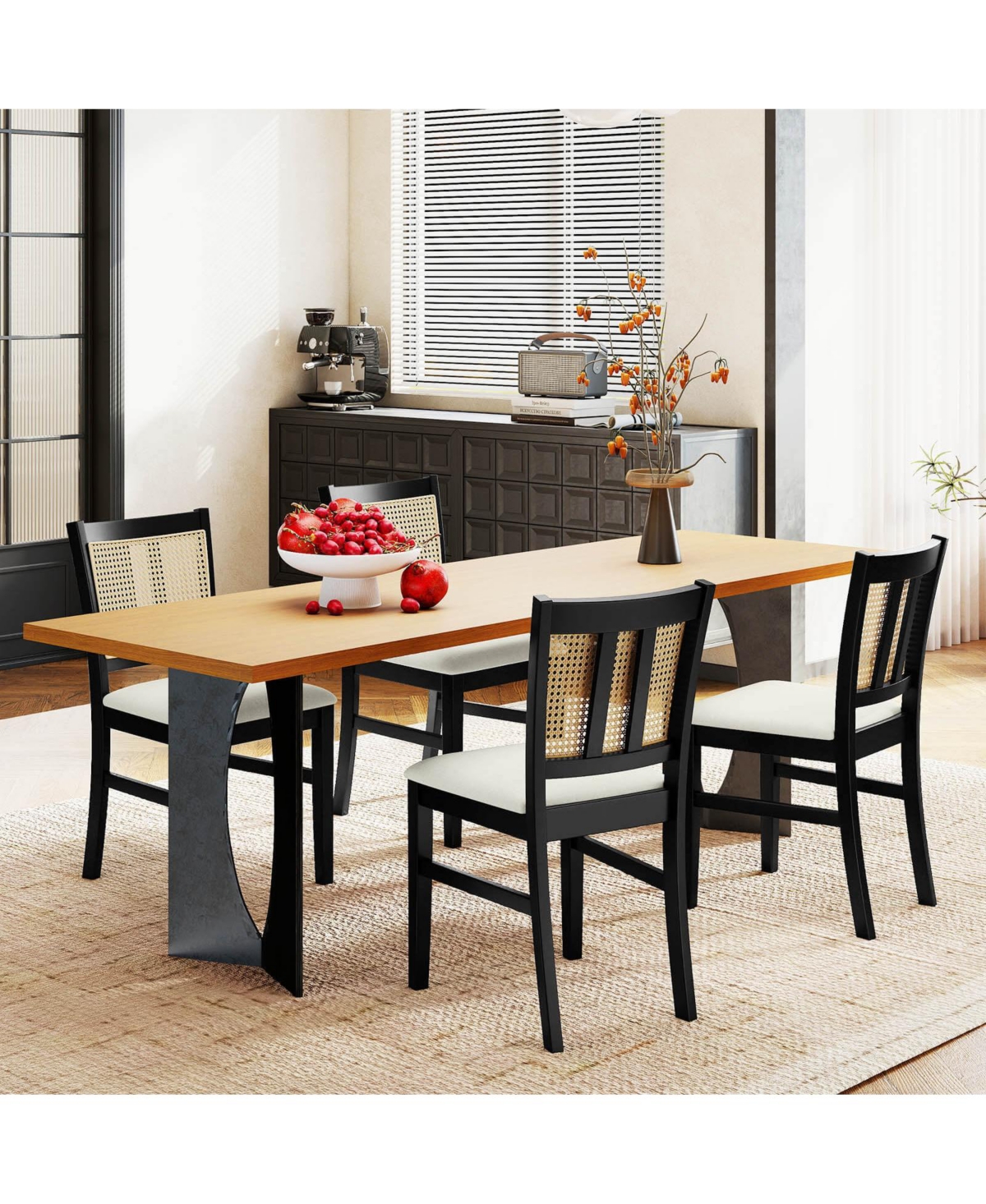 Costway Farmhouse Rattan Dining Chair Fabric Upholstered Kitchen Chairs