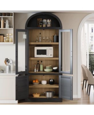 Arched Storage Bookcase, 6-Tier Modern Wooden Shelving with Doors for Living Room, Black