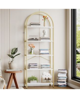 Set of 2 Modern Arched Bookcases, 5-Tier Metal Frame Shelves with Marble Finish for Living Room & Office