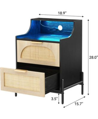 Black Nightstand with LED Lights, 2 Drawers & Curved Shelves – Modern Bedside Table for Bedroom or Living Room Storage