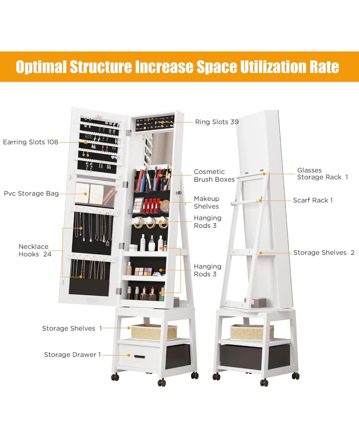 gaomon 360° Swivel Jewelry Armoire with Storage Shelf & Drawer – 66" H Full-Length Mirror Floor Standing Organizer Wheels