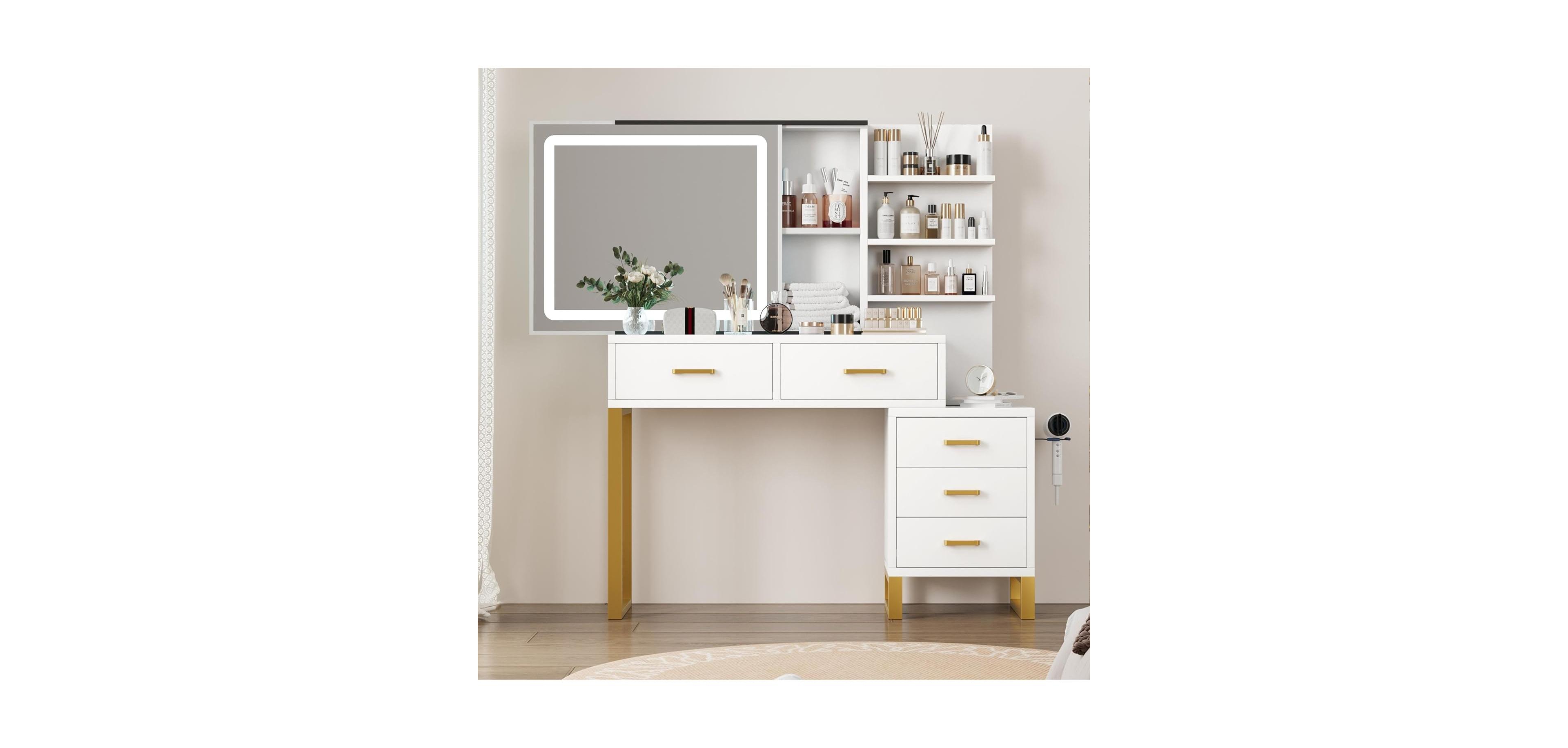 gaomon 46.8IN Vanity Desk with Mirror - Led Lights and Power Outlet