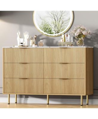 6-Drawer Modern Fluted Wood Dresser with Gold Handle, Large Storage Organizer for Bedroom, Living Room, Hallway