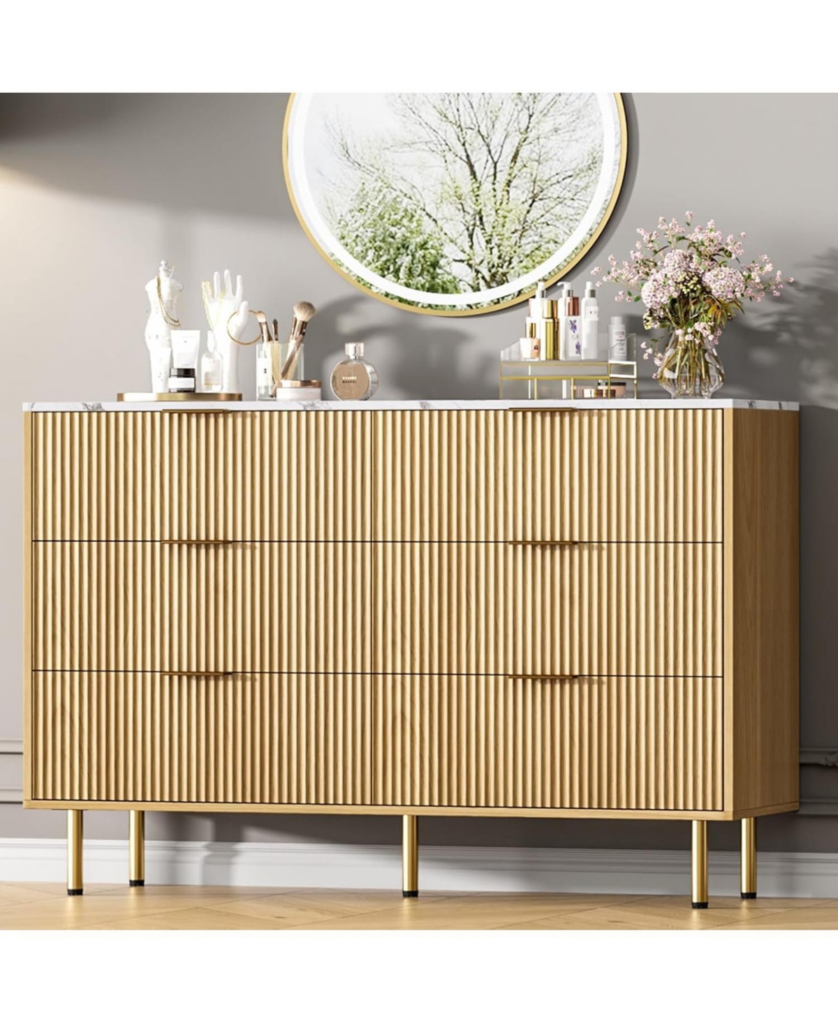 gaomon 6-Drawer Modern Fluted Wood Dresser with Gold Handle, Large Storage Organizer for Bedroom, Living Room