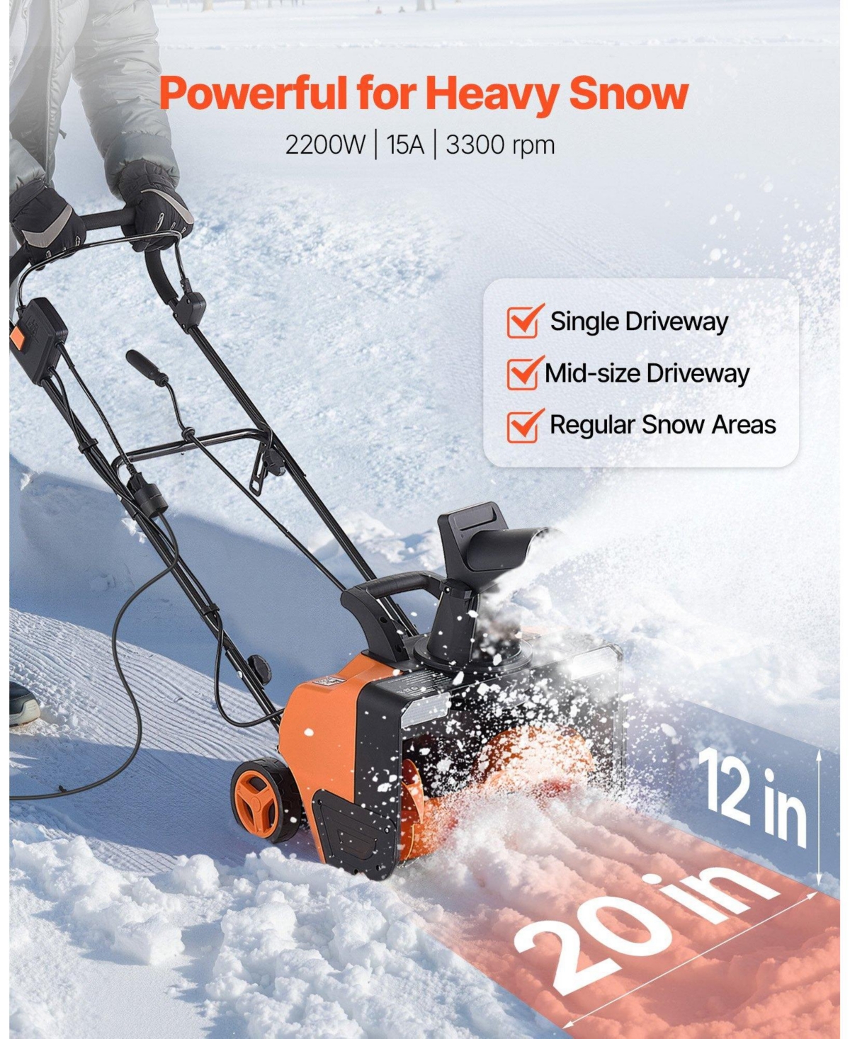 Mecale Electric Snow Blower, 20", 15A Corded Snow Thrower, Dual Led Lights, 180° Chute, 25 ft Throw, 12" Depth