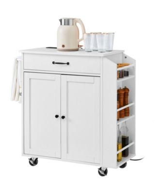 32" Kitchen Island Cart with Power Outlet, Storage Cabinet, Drawer, Adjustable Shelf, Spice Rack, Towel Bar, Rolling
