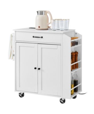 32" Kitchen Island Cart with Power Outlet, Storage Cabinet, Drawer, Adjustable Shelf, Spice Rack, Towel Bar, Rolling