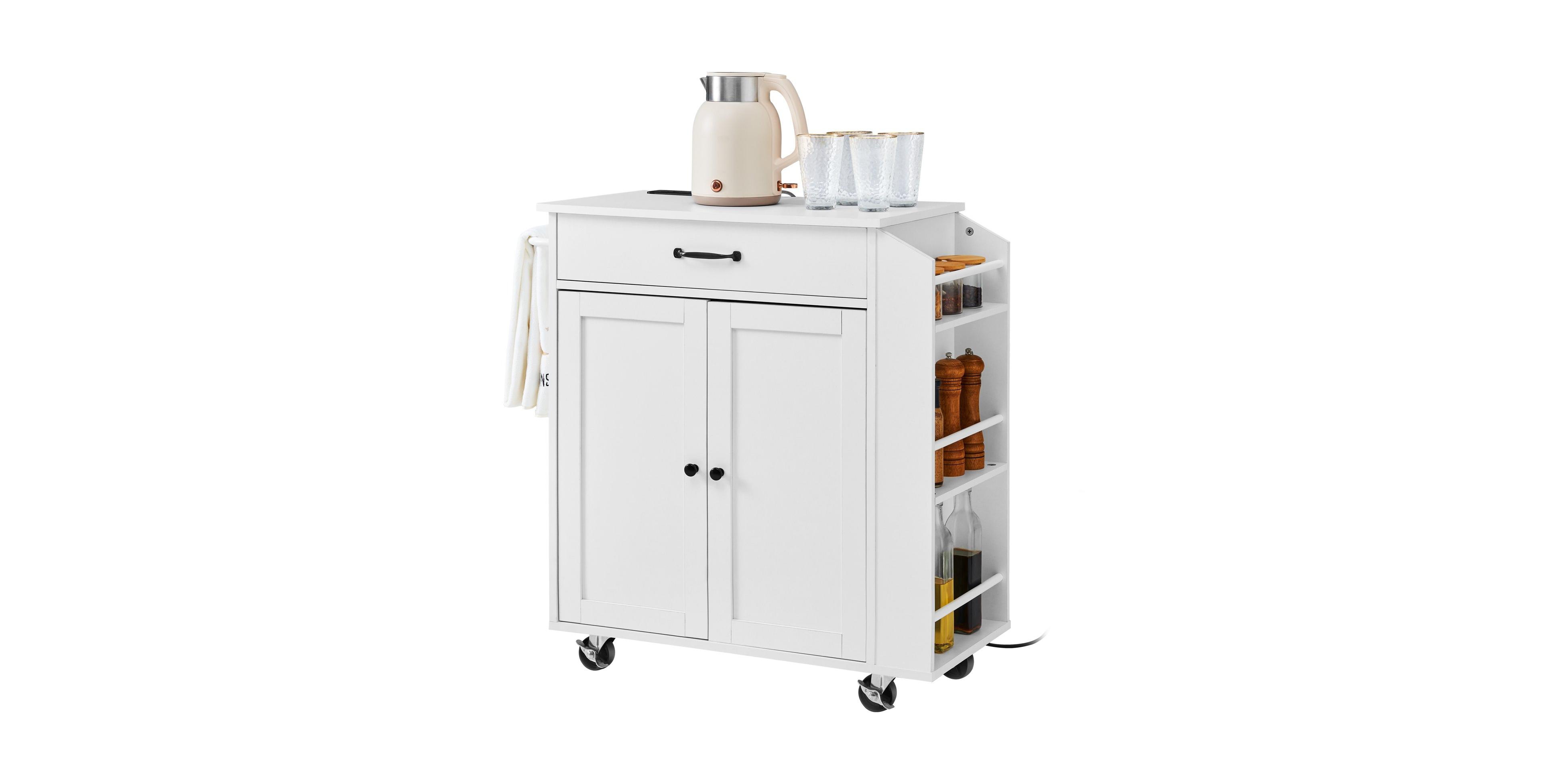 Volenca 32" Kitchen Island Cart with Power Outlet, Storage Cabinet, Drawer, Adjustable Shelf, Spice Rack, Towel Bar, Rolling