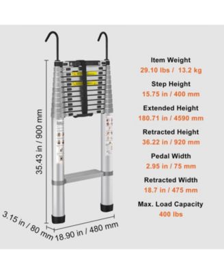 15 ft Telescoping Ladder, Aluminum Multi-Button Retraction Extension Ladder, 400 lb Capacity, Non-Slip Feet, ANSI Listed