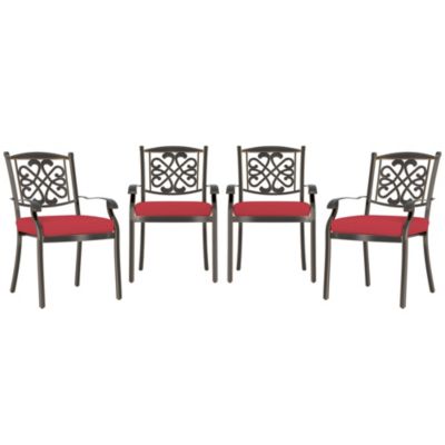 4-Piece Patio Dining Chair Set with Decorative Backrests and Red Cushions