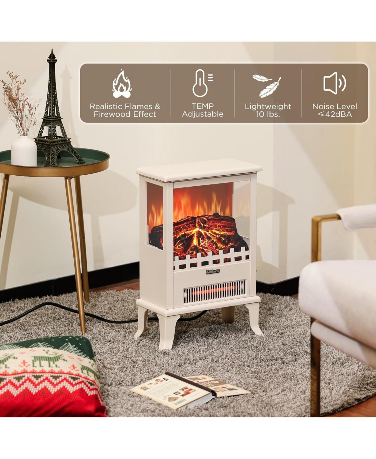 Gaomon 17" 1500W Infrared Electric Fireplace Stove, 3-Sided View, Realistic Flame, Overheat Protection, Portable Heater for Small Spaces