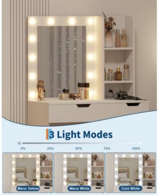 Modern Vanity Desk with Mirror, Power Outlet, 4 Drawer & Three Level Storage