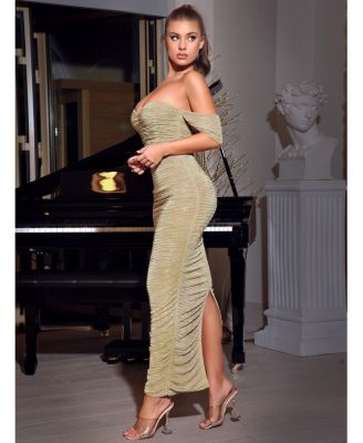 Women's Gene Gold Ruched Off Shoulder Chiffon Dress