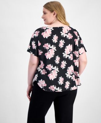 Plus Size Printed Satin Short-Sleeve Top