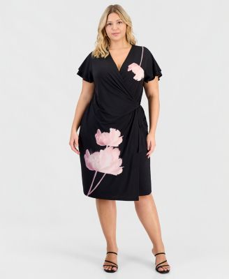 Plus Size Flutter-Sleeve Faux-Wrap Dress