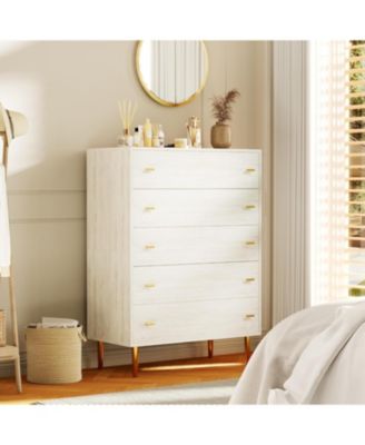 44 Inch Tall 5 Drawer Farmhouse Dresser, Rustic White Chest with Bar Handles, Large Storage, Bedroom, Living Room