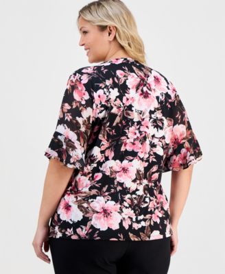 Plus Size Split-Neck Printed Flutter-Sleeve Top 