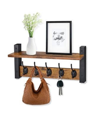 16 Inch Floating Wall Shelf with 5 Heavy Duty Hooks – for Entryway, Bathroom, Bedroom, Kitchen, or Mudroom