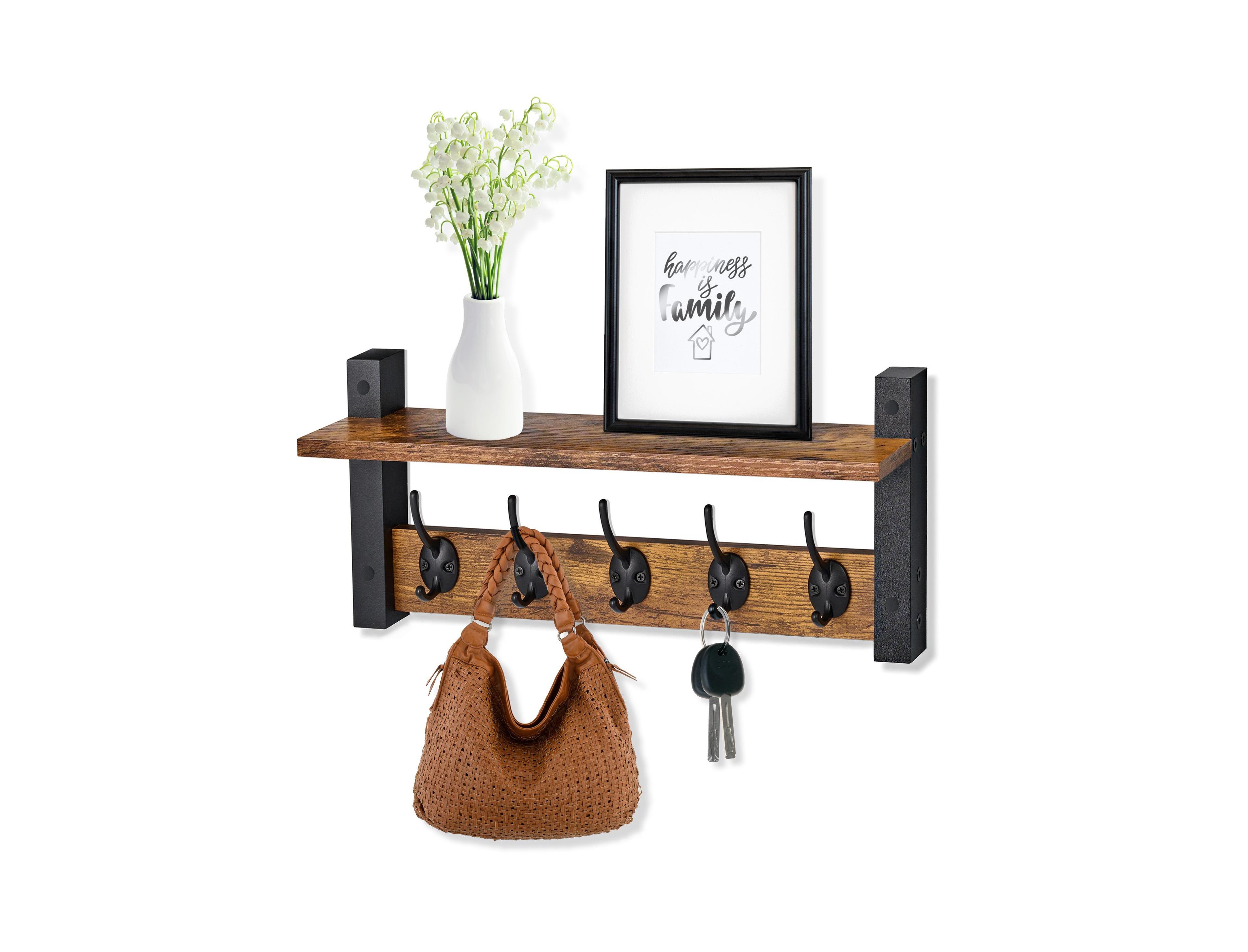 Sorbus 16 Inch Floating Wall Shelf with 5 Heavy Duty Hooks – for Entryway, Bathroom, Bedroom, Kitchen