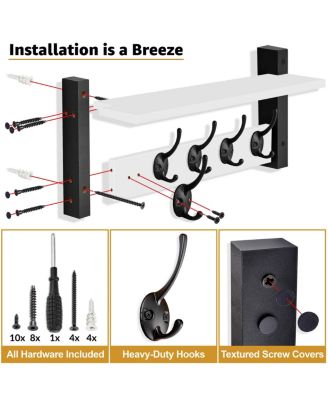 16 Inch Floating Wall Shelf with 5 Heavy Duty Hooks – for Entryway, Bathroom, Bedroom, Kitchen, or Mudroom