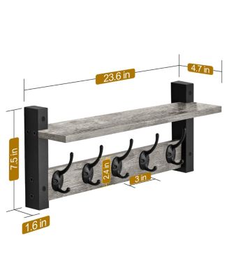 24 Inch Floating Wall Shelf with 5 Heavy Duty Hooks – for Entryway, Bathroom, Bedroom, Kitchen, or Mudroom