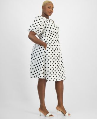 Plus Size Dot-Print Puff-Sleeve Smocked-Waist Midi Dress  
