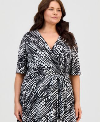 Plus Size Printed Knit Faux-Wrap Belted Dress