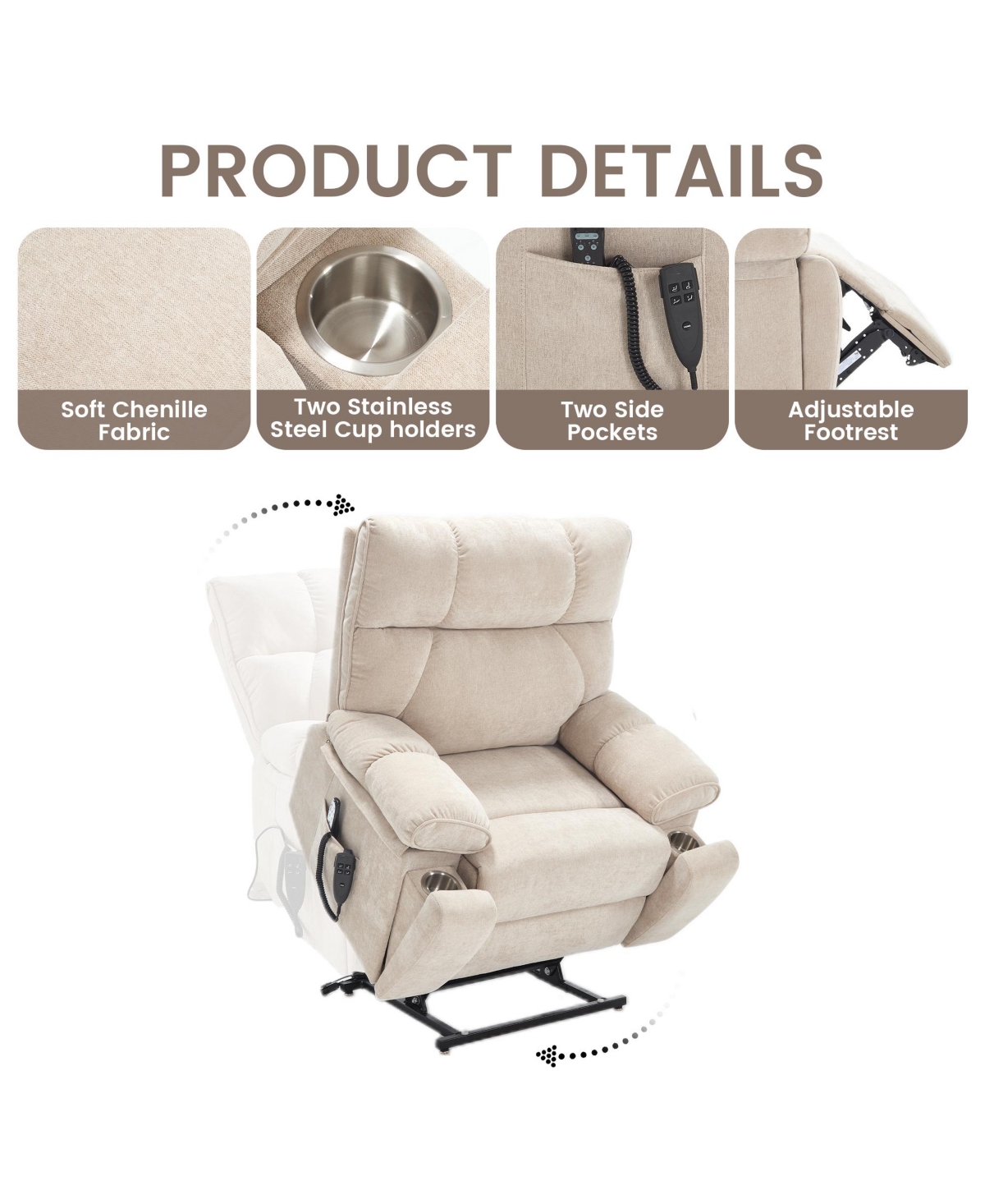 Clihome Heat Massage Dual Motor Infinite Position Up to 350 Lbs Large Electric Power Lift Recliners with Hidden Cup Holders