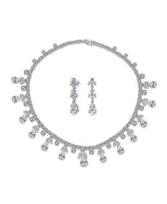  Teardrop CZ Spray Collar Statement Necklace & Chandelier Earrings Jewelry Set