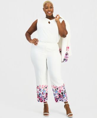 Plus Size Floral-Trim Straight-Leg Ankle Pants