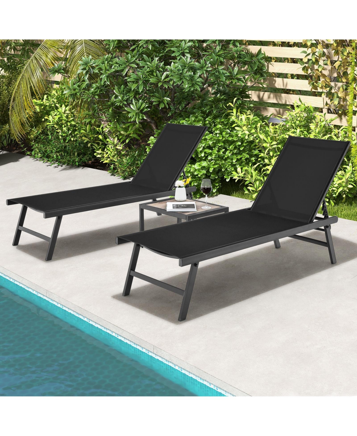 Slickblue 3 Pieces Patio Chaise Lounge Chair and Table Set for Poolside Yard