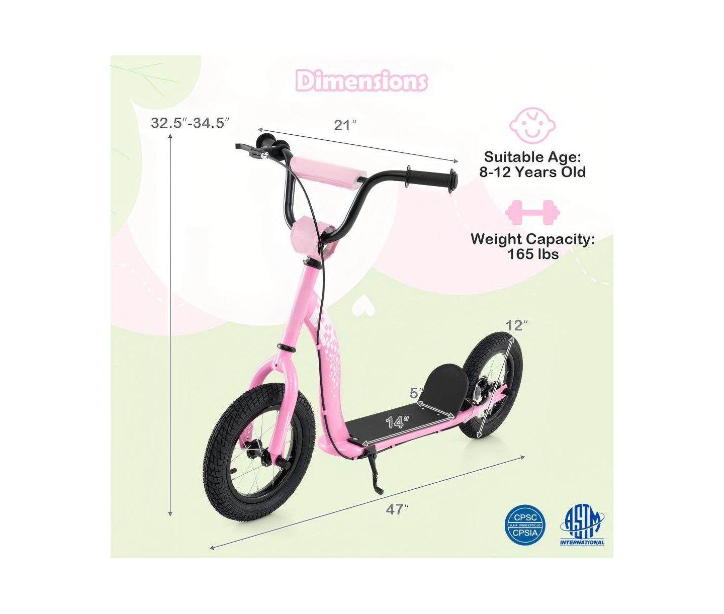 Детская игрушка HONGGE Adjustable Kick Scooter with Inflatable Tires and Rear Brake, 165 lbs Capacity, Ages 8+, цвет: Розовый — фото 3
