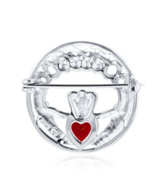 Celtic Round Circle Red Heart Shaped Claddagh Brooch Pin CZ .925 Sterling Silver