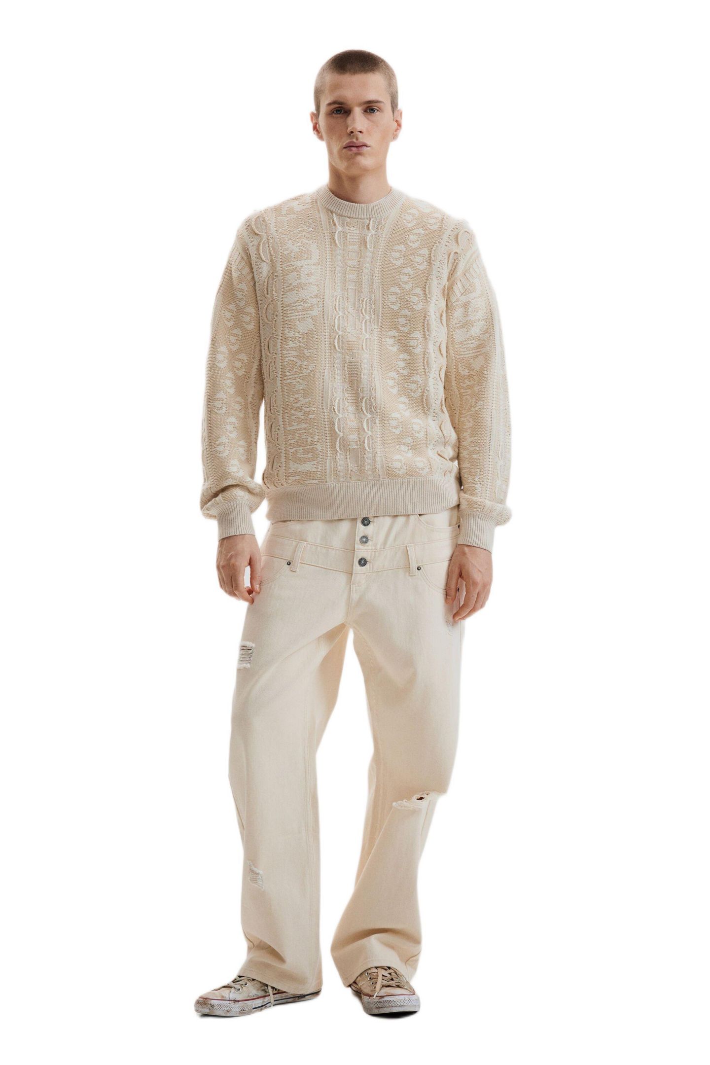 Мужской свитер Desigual Vintage Knit, цвет: Молочный белый — фото 2