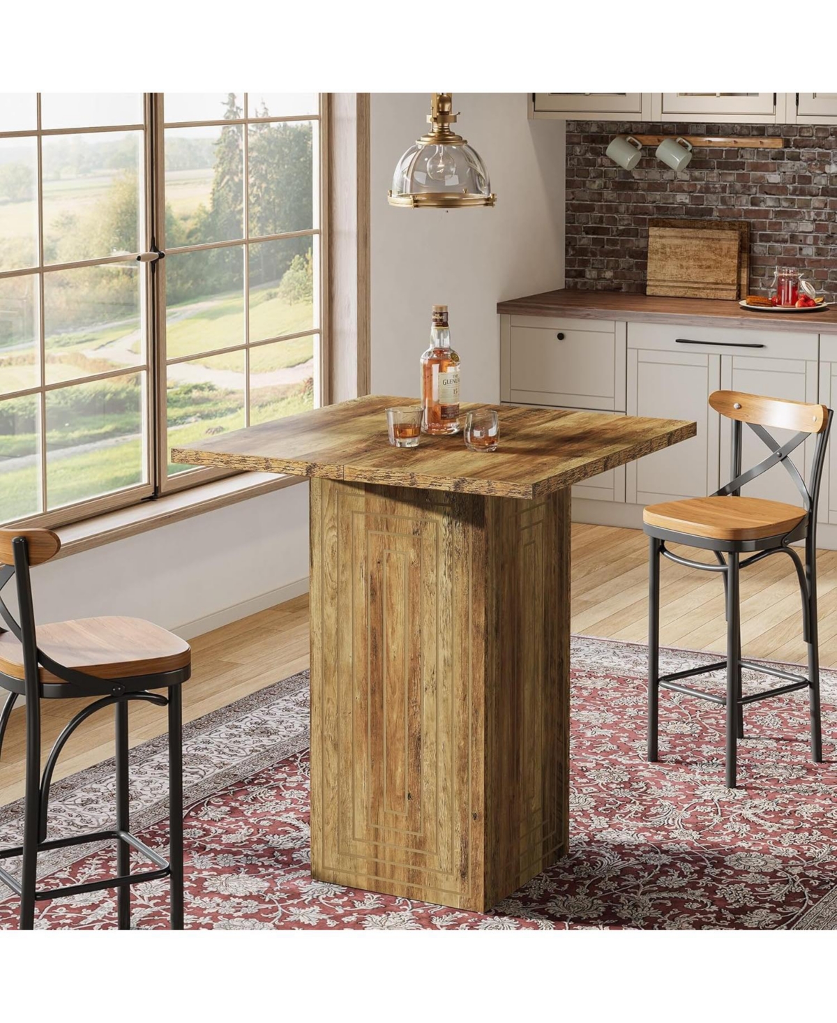 Tribesigns Square Bar Table, 31" Wooden Home Bar Unite with Geometric Texture, Farmhouse Counter Height Pub Table with Stable Base