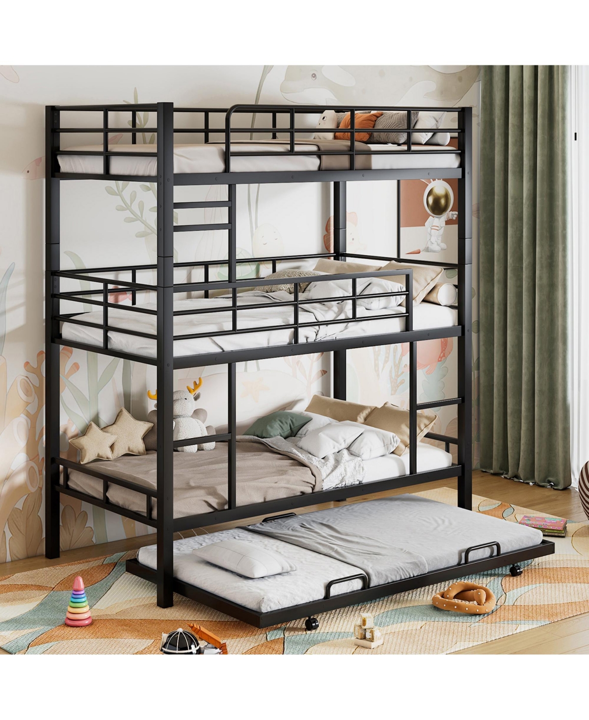 Boyel Living Metal Twin Triple Bunk Bed With Trundle
