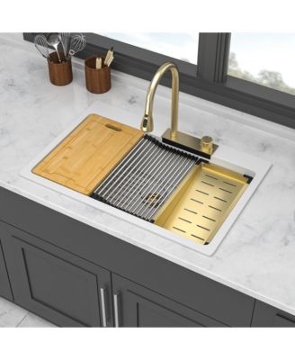 33x22x10inch White Composite Granite Quartz Drop In Single Bowl Workstation Waterfall Kitchen Sink with Pull Down Faucet