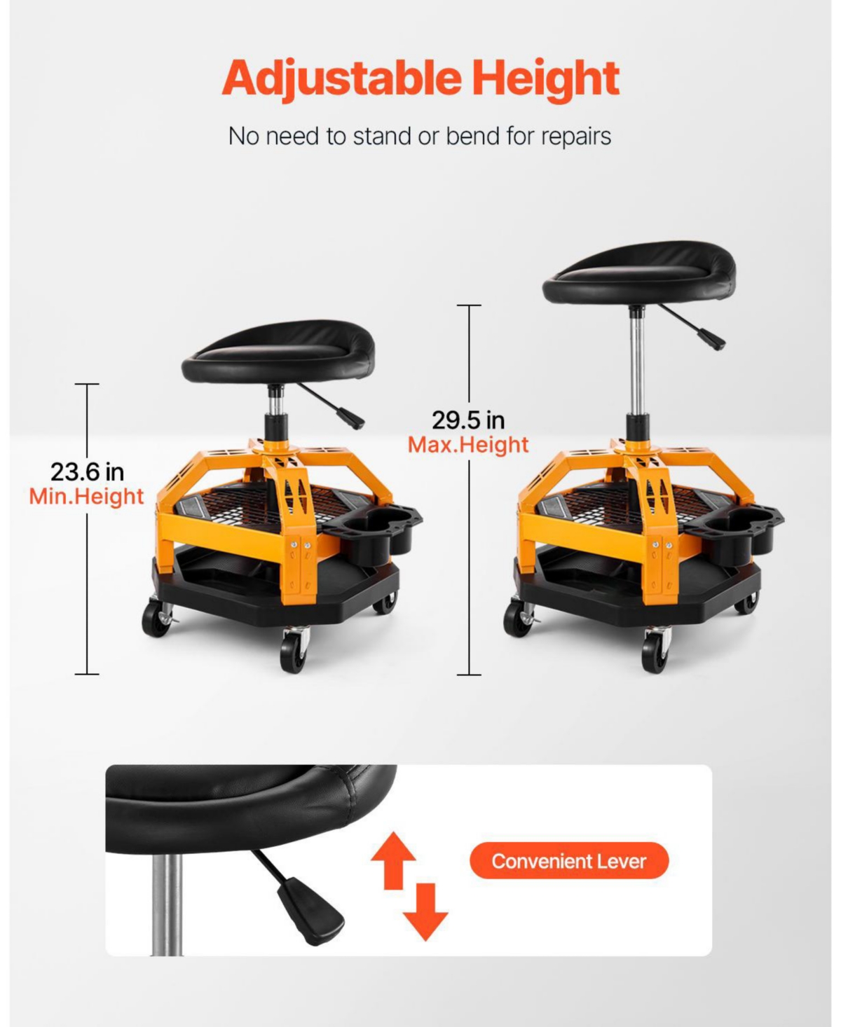 Rolling Shop Stool, Pneumatic Adjustable Height Garage Seat, 300 lb Capacity, 360° Swivel Padded Workshop Stool with Casters