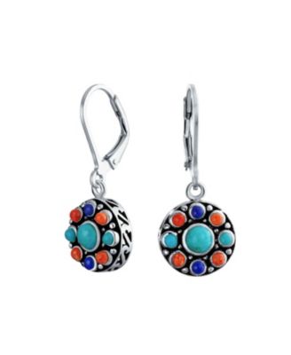 Native American Style Multi Color Round Lapis Turquoise Drop Earrings Silver