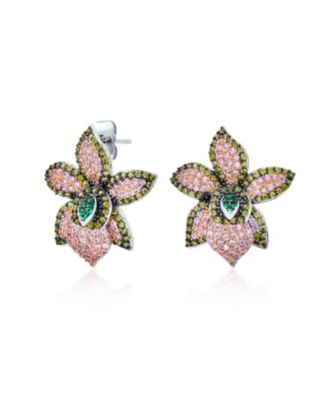 3D Floral Pave CZ Green Pink Orchid Flower Earrings Cubic Zirconia Silver Plated