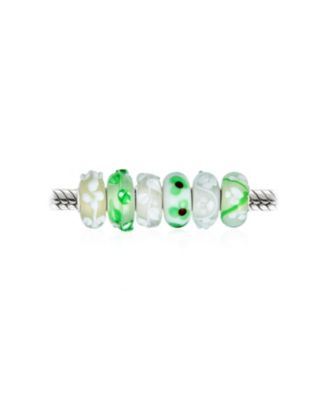 White Green 3D Floral Murano Glass Charm Bead Set Sterling Silver for Bracelet