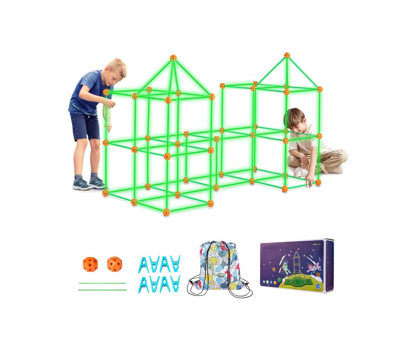 Детский конструктор Slickblue Glow Fort 140-Piece Glow-In-The-Dark Stem Building Kit, Ages 5+, цвет: Оранжевый / Зелёный — фото 1