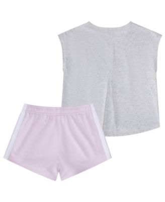 Baby Girls' Back Pleated Short-Sleeve T-Shirt and Mesh Shorts, 2-Piece Set